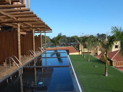 Moderner Pool mit Holzüberdachung, Glasgeländer, grünem Rasen und Palmen unter klarem Himmel.