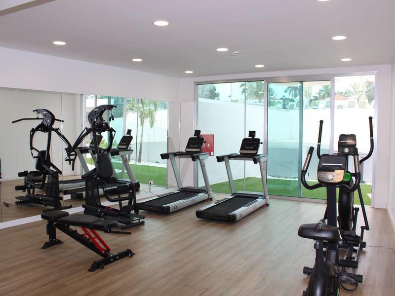 Palestra moderna con varie attrezzature su pavimento in legno accanto a grandi finestre.