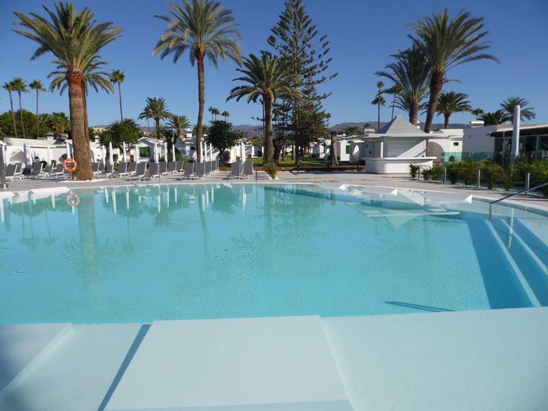 Duży basen hotelowy z czystą niebieską wodą, otoczony palmami i białymi leżakami.