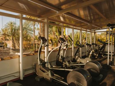 Siłownia z kilkoma nowoczesnymi orbitrekami i dużymi oknami z widokiem na palmy.