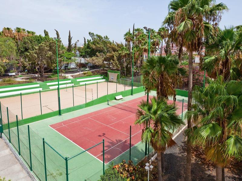 Una cancha de tenis roja con cerca verde rodeada de palmeras y árboles bajo cielo claro.