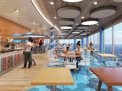 Ristorante moderno con grandi finestre, pavimento blu e persone sedute ai tavoli.