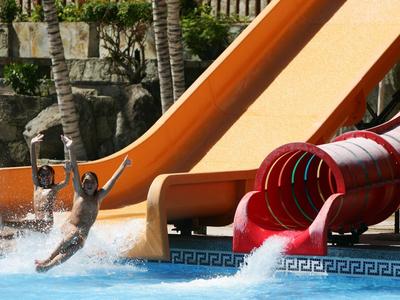 Tourists slide down a water slide into a hotel pool with palm trees in the background.