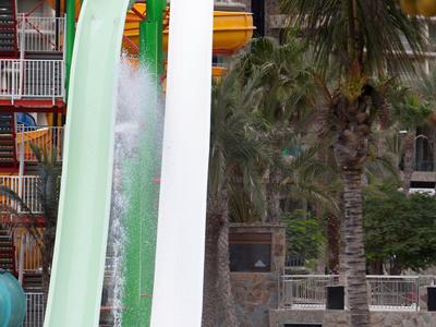 Two long water slides in a hotel pool area with palm trees and rocks in the background.