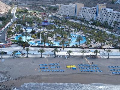 Beach hotel with large pool area, palm trees, and sun loungers on the sandy shore.