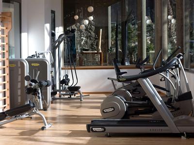 Gym with treadmills, rowing machines, mirrors, wooden floor, and natural light.