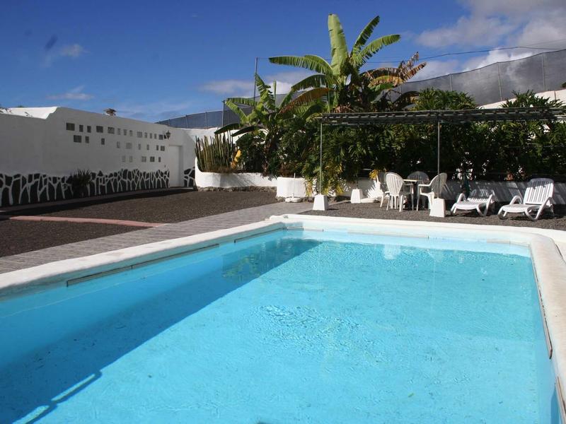 Ein klarer blauer Pool mit weißen Liegestühlen und Palmen in einem sonnigen Außenbereich.