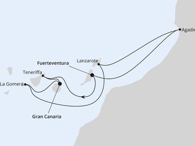 Karte zeigt Flugrouten zwischen Inseln der Kanaren und Agadir.