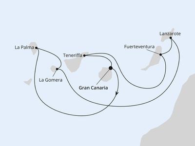 Karte mit Linienverbindung zwischen Kanarischen Inseln für Reiseroute.