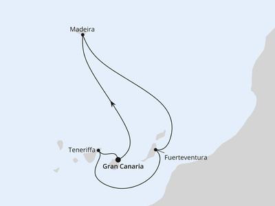 Karte zeigt Schiffsroute zwischen Gran Canaria, Teneriffa, Fuerteventura und Madeira im Atlantik.