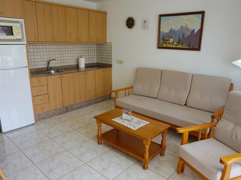Petite kitchenette avec canapé, fauteuil et table en bois dans une pièce lumineuse.