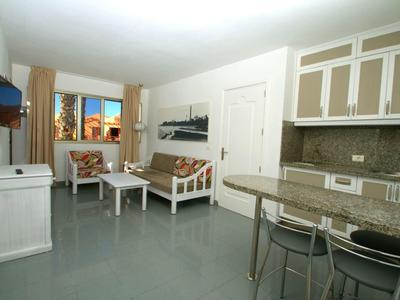 Světý obývací pokoj se šedou podlahou, pohovkou, stolem, TV a otevřenou kuchyní s barem.