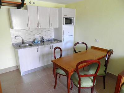 Small kitchen with white cabinets, sink, microwave, fridge, and wooden dining table with four chairs