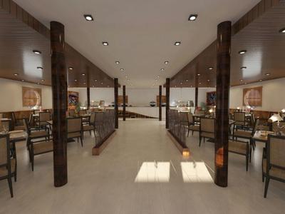 Innenraum eines stilvollen Restaurants mit modernem Design, Holzmöbeln und warmen Lichtakzenten.