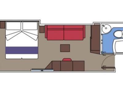 Grundriss eines Kompaktwohnwagens mit Einzelbett, Sofa, Tisch und Badezimmer.