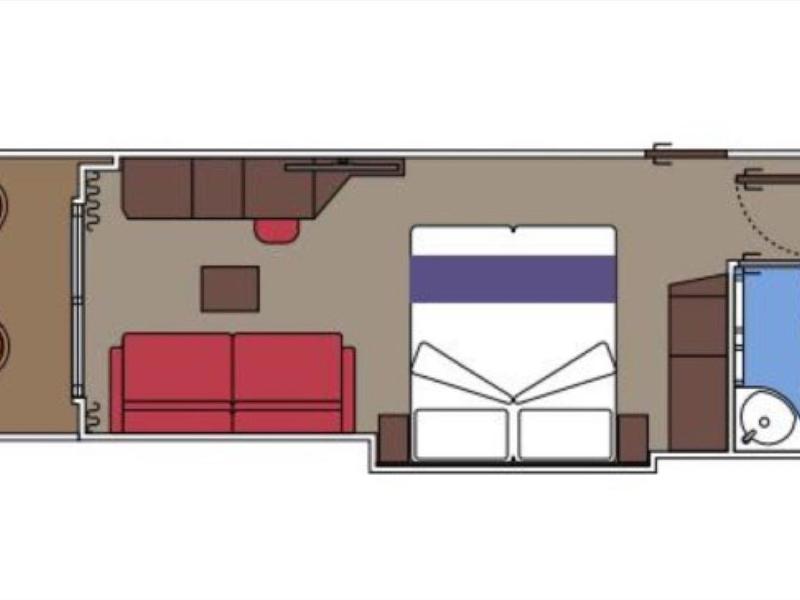 Grundriss eines Hotelzimmers mit Terrasse, Schlafbereich, Wohnzimmer und Badezimmer.