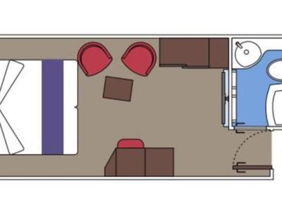 Grundriss eines kleinen Hotelzimmers mit Bett, Sitzbereich und Bad.