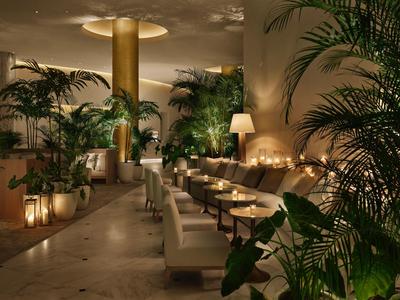 Gemütliche Lounge mit bequemen Sesseln, Kerzenlicht und vielen großen grünen Pflanzen.