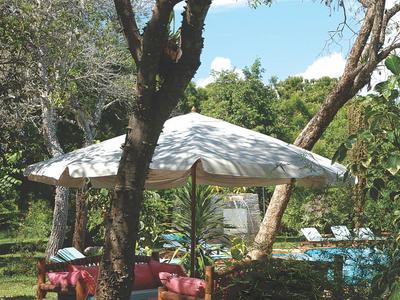 Zwei Stühle mit bunten Kissen unter einem Sonnenschirm neben einem Pool in einem Garten.