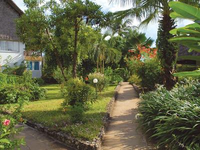 Weg durch tropischen Garten mit Palmen und grünem Laub neben einem Haus.