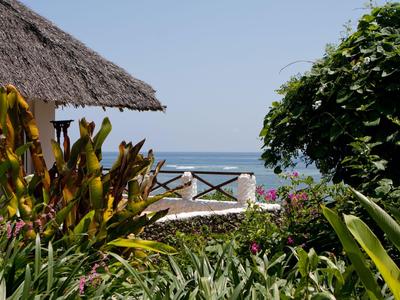 Blick auf das Meer hinter üppigen tropischen Pflanzen und einem hölzernen Geländer unter klarem Himmel.