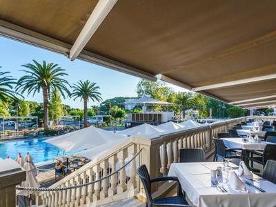 Terrace with set tables overlooking swimming pool and palm trees in sunny weather