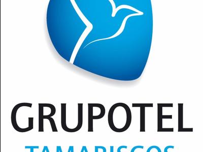 Logo von Grupotel Tamariscos mit blauem Kolibri-Symbol und drei Sternen.