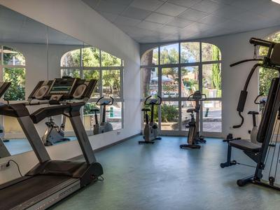 Modern gym with treadmills, exercise bikes, and strength machine by large windows