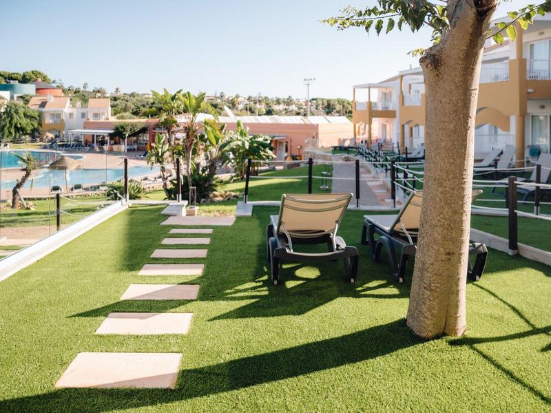 Giardino dell'hotel con sdraio, prato, albero e vista su piscina e edifici.
