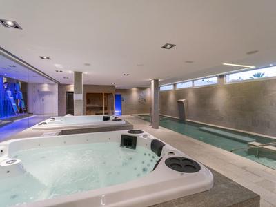 Modern indoor pool area with jacuzzi, long swimming pool, and large windows.