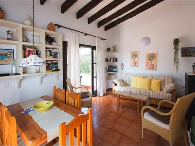 Gemütlicher Wohnraum mit Holzmöbeln, hellem Sofa, Balkonzugang und bunten Wandbildern.