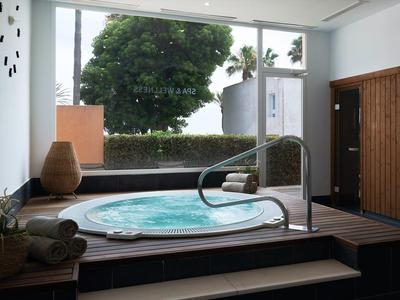 Moderne jacuzzi naast sauna met grote ramen en uitzicht op boom buiten.