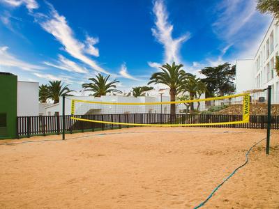 Campo da beach volley con rete, circondato da palme e edifici sotto un cielo azzurro.