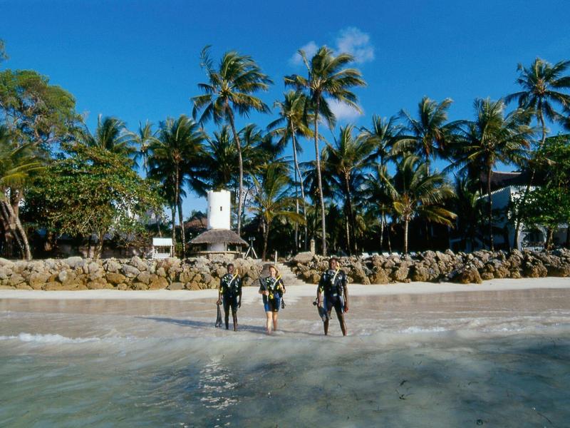 Drei Taucher in Neoprenanzügen mit Tauchflaschen stehen am Sandstrand vor Palmen und weißen Häusern.