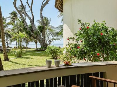 Vue depuis un balcon avec des chaises sur un jardin avec des palmiers et un ciel dégagé.