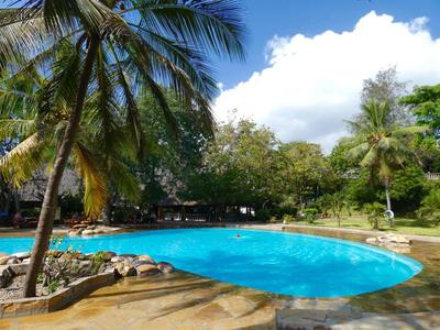 Ein klarer Pool umgeben von Palmen und grünen Bäumen unter blauem Himmel und weißen Wolken.