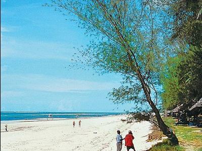 Plage de sable blanc avec peu de personnes et des arbres le long de la côte sous un ciel clair.