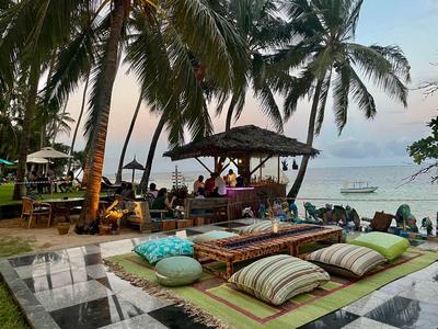 Coussins et tapis confortables en plein air sous des palmiers sur la plage avec vue sur la mer.