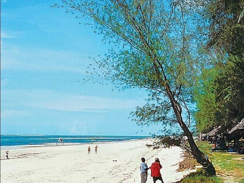 Plage de sable blanc avec peu de personnes et des arbres le long de la côte sous un ciel clair.