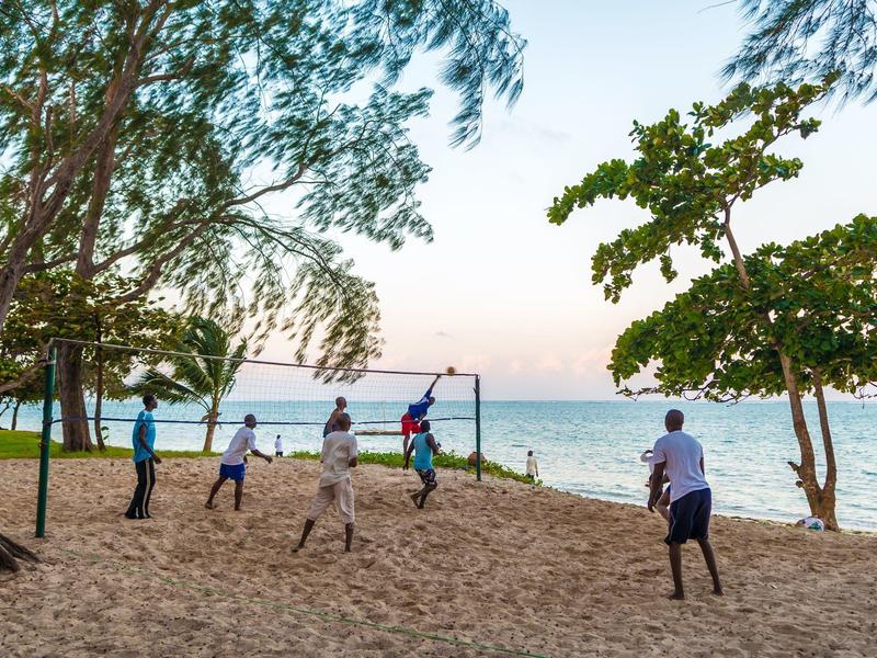 Personnes jouant au volley-ball sur une plage de sable avec la mer et des arbres en arrière-plan au coucher du soleil.