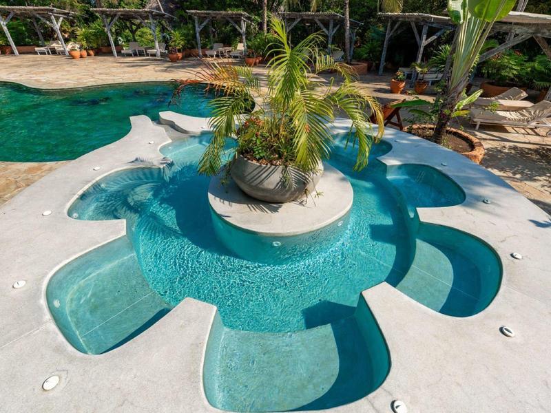 Piscine avec bain à remous intégré et plantes dans un jardin d'hôtel tropical.