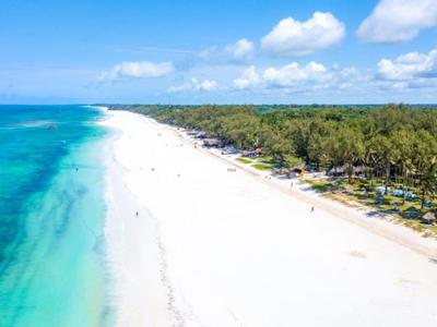 Lunga spiaggia di sabbia bianca con acqua azzurra e linea di alberi verdi sotto cielo azzurro