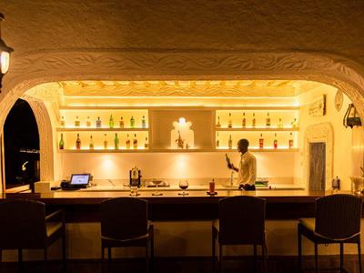 Warm bar with illuminated shelves and bartender in elegant setting.