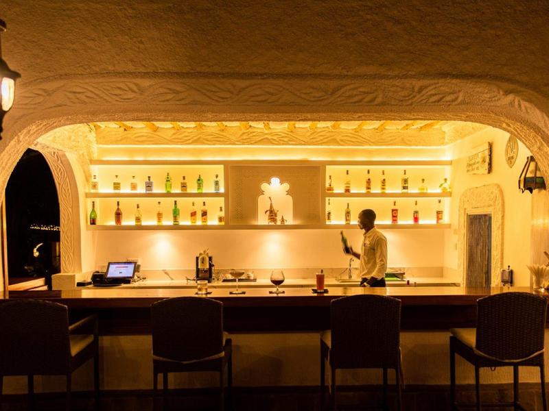 Warm bar with illuminated shelves and bartender in elegant setting.