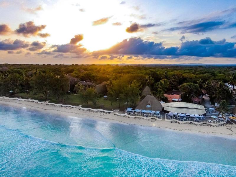Beach with palm trees and loungers at sunset by the sea
