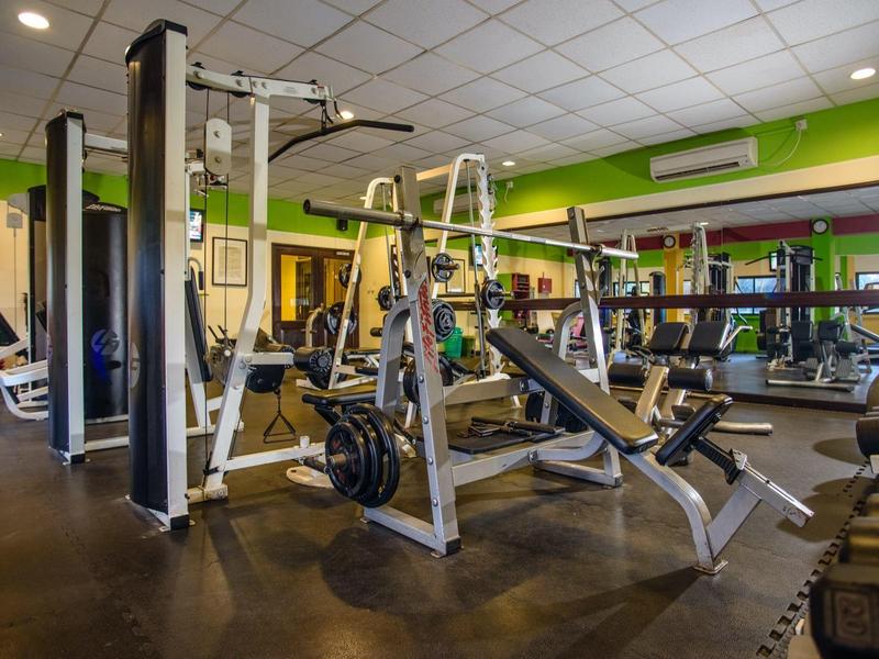 Salle de fitness moderne avec poids et appareils d'exercice dans un espace peint en vert.