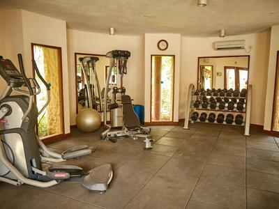 Salle de sport avec divers équipements et haltères, pièce lumineuse avec fenêtres et climatisation.