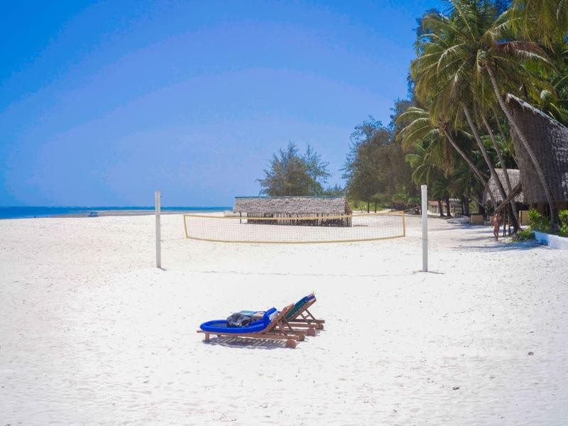 Spiaggia vuota con sdraio, rete da pallavolo e palme sotto un cielo azzurro chiaro.