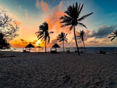 Palmen und Sandstrand bei Sonnenuntergang am Hotelresort am Meer.