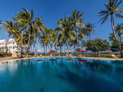 Großer Hotelpool umgeben von Palmen mit blauem Himmel und Hotelgebäude im Hintergrund.